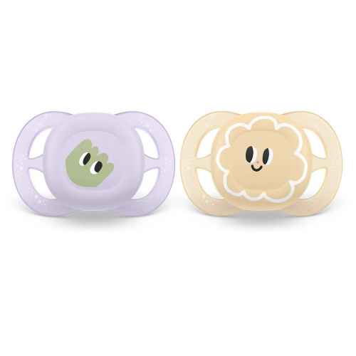 Комплект от 2 бр. ортодонтични залъгалки за новородени Philips AVENT Ultra Start 0-2м, в оранжево и лилаво със забавен дизайн очички, в кутия за стерилизиране