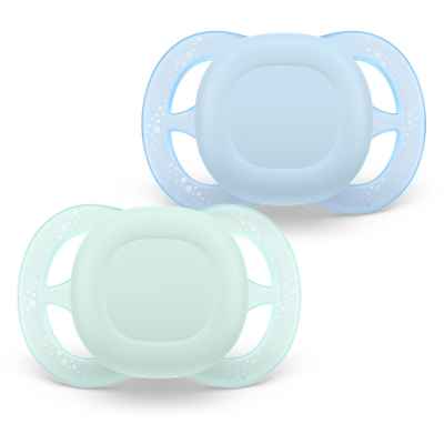 Комплект от 2 бр. ортодонтски силиконови залъгалки Philips Avent SCF075/12 Ultra Start 0-2м, в синьо и зелено, в кутия за стерилизиране
