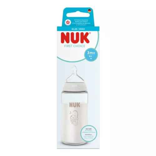 Стъклено шише за хранене Nuk First Choice Temperature Control 240мл с биберон 3+мес. р-р М, Морско конче, бяло