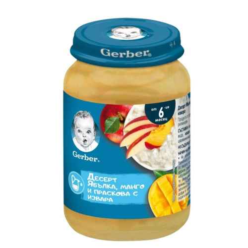 Бебешко пюре Gerber, с ябълки, манго, праскови и извара 6м 190 гр.