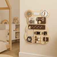 Дървен Бизи Борд Мече Ginger, Монтесори дъска за фина моторика, Натурално дърво и кафяво-byhy2.jpeg