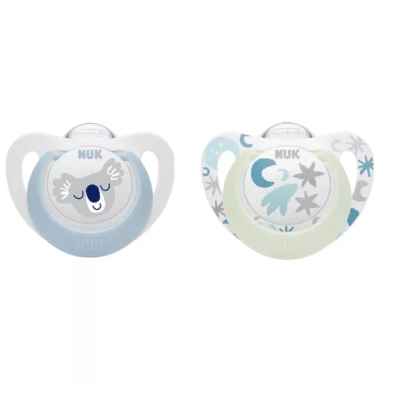 Силиконова залъгалка NUK Star Night, светеща, 0-6м, момче, 2бр