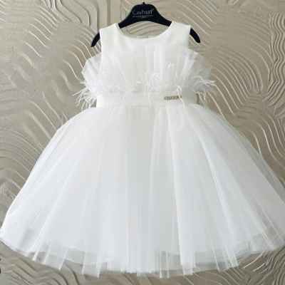 Бебешка рокля Контраст, с тюл и пера в екрю