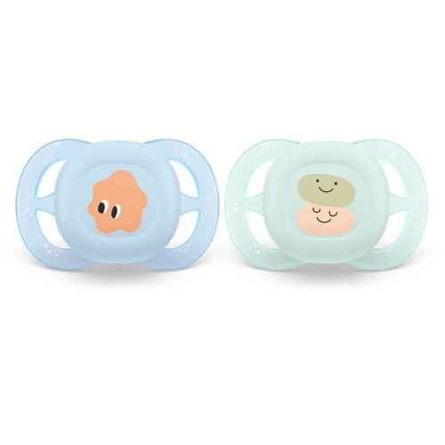 Комплект от 2 бр. ортодонтични залъгалки за новородени Philips AVENT Ultra Start 0-2м, в синьо и зелено със забавен декор, в кутия за стерилизиране