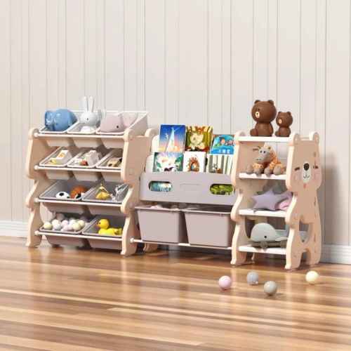 Комбиниран пластмасов скрин за съхранение на играчки и книги Feelkids, Розово мече