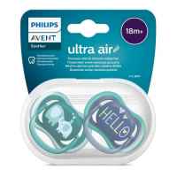 Комплект от 2 бр. ортодонтични залъгалки Philips AVENT Ultra Air 18м+, синя с декор Слонове и зелена с надпис Hello, в кутия за стерилизиране-fESVr.jpeg
