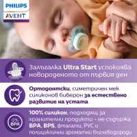 Комплект от 2 бр. ортодонтични залъгалки за новородени Philips AVENT Ultra Start 0-2м, в синьо и зелено със забавен декор, в кутия за стерилизиране-fxPlH.jpeg