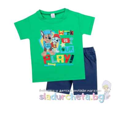 Комплект от 2 части Светли - тениска и къс панталон, Пес Патрул тъмнозелен/ тъмносин
