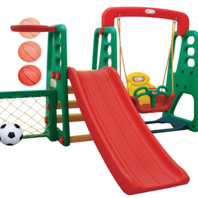Детска пързалка с люлка и баскетболен кош 3toysm, зелена/червена