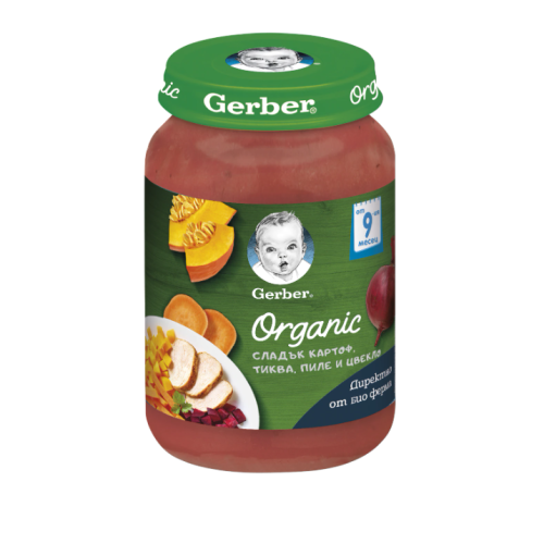 Бебешко пюре Gerber, сладък картоф, пиле и цвекло 9м 190 гр.