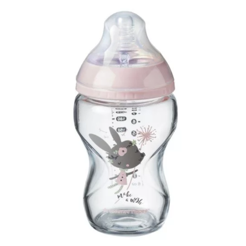 Стъклено шише за хранене Tommee Tippee Easi-Vent 0м+, 250 мл, розово с декор заек