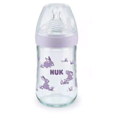 Стъклено шише Nuk Nature Sense Softer 240 мл. със силиконов биберон, размер M, лилаво