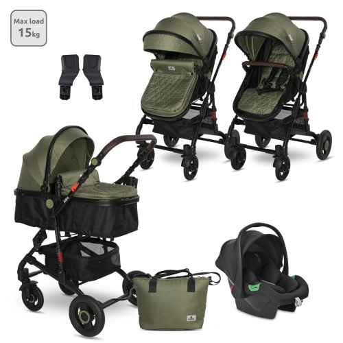 Комбинирана бебешка количка 3в1 Lorelli Alba Premium, Loden Green + Адаптори