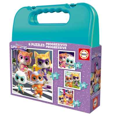 Прогресивен пъзел Educa, Super Kitties в куфарче 4 в 1, 12-16-20-25 части