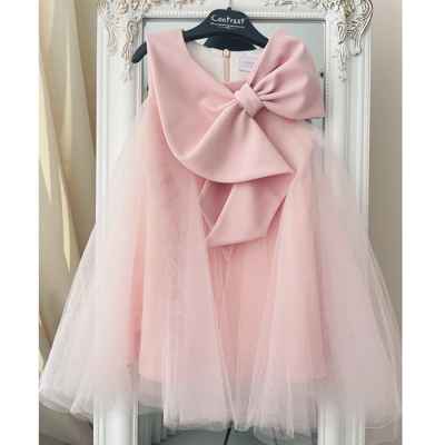 Детска рокля Контраст, цвят пудра с панделка