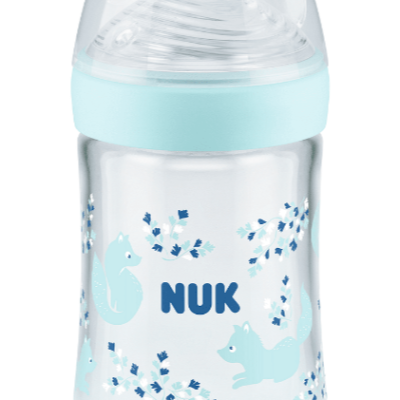 Стъклено шише Nuk Nature Sense Softer 240 мл. със силиконов биберон, размер M, син