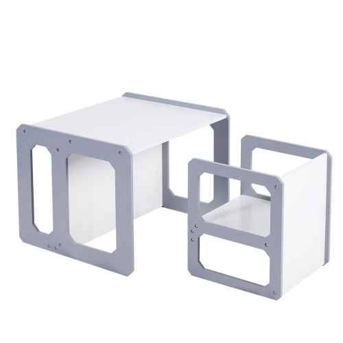 Детска маса и стола 3 в 1 Ginger Home Монтесори, дървена бяло и сиво