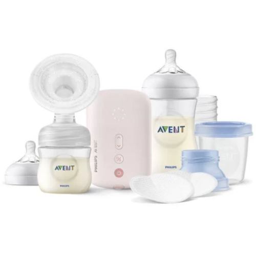 Комплект Philips AVENT електрическа помпа за изцеждане на кърма Natural Motion + шишета, контейнери VIA, несесер