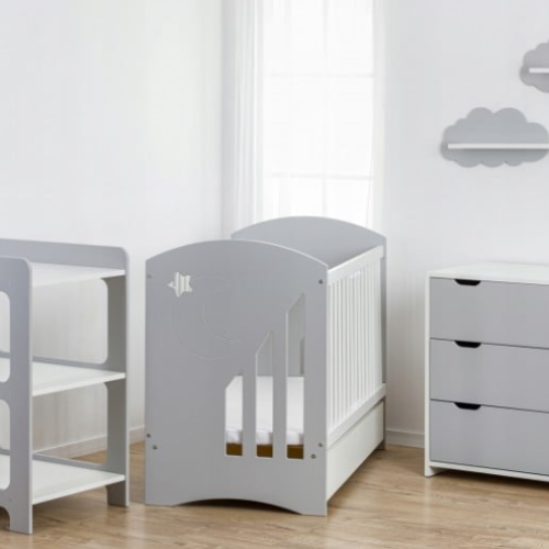 Детска стая Baby Moon - кошара, скрин, шкаф за повиване + матрак сив