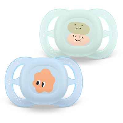 Комплект от 2 бр. ортодонтски силиконови залъгалки Philips Avent SCF075/12 Ultra Start 0-2м, в синьо и зелено със забавен декор, в кутия за стерилизиране