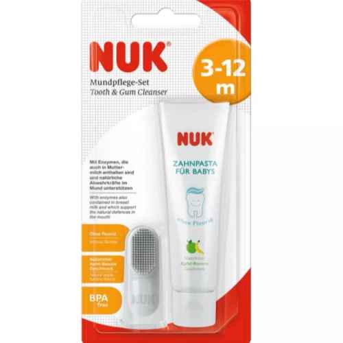 NUK пръстче за масаж + паста за зъби за деца над три месеца.