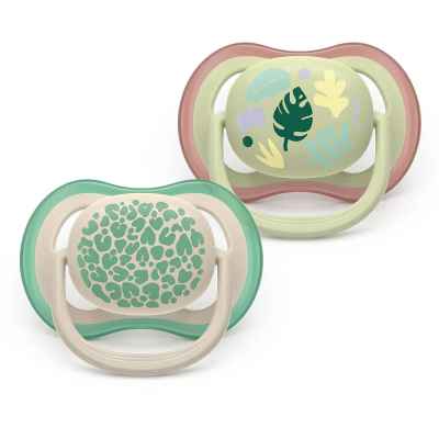 2 броя ортодонтски силиконови залъгалки Philips AVENT SCF087/17 Ultra Air Colors of Nature, 6-18м, пастелни цветове с картинки, в кутия за стерилизиране