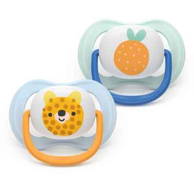 2 броя ортодонтски силиконови залъгалки Philips AVENT SCF080/23 Ultra Air Happy, 0-6м, с декорация в синьо, в кутия за стерилизиране