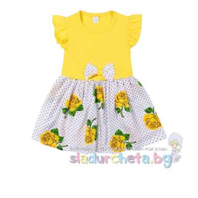 Детска рокля Светли, Цветя и точки в жълто