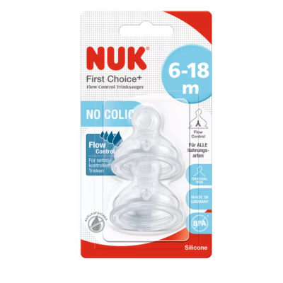 Биберони за хранене Nuk First choice +, flow control, 6-18 м, 2 бр.
