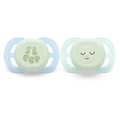 2 бр. светещи ортодонтични залъгалки за новородени Philips AVENT Ultra Start Night 0-2м, в синьо и зелено с декор Sleep, в кутия за стерилизиране