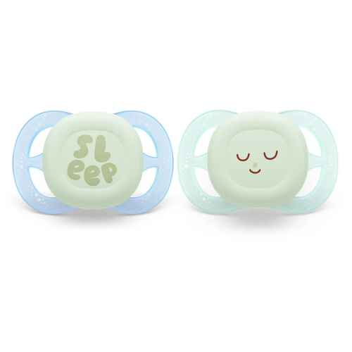 2 бр. светещи ортодонтични залъгалки за новородени Philips AVENT Ultra Start Night 0-2м, в синьо и зелено с декор Sleep, в кутия за стерилизиране