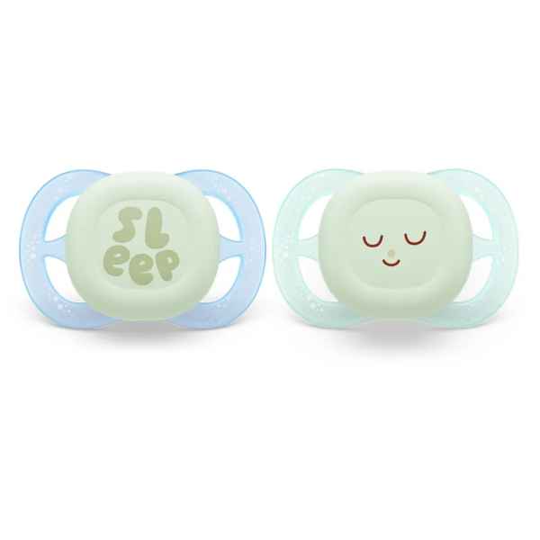 2 бр. светещи ортодонтични залъгалки за новородени Philips AVENT Ultra Start Night 0-2м, в синьо и зелено с декор Sleep, в кутия за стерилизиране-t1Jdc.jpeg