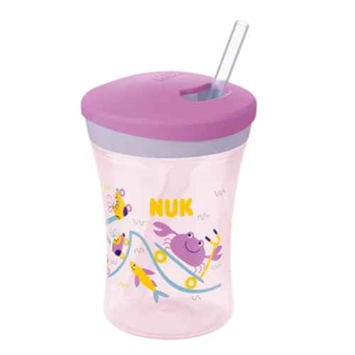 Чаша със сламка NUK Evolution Action Cup, 230мл, 12+м, Лилава