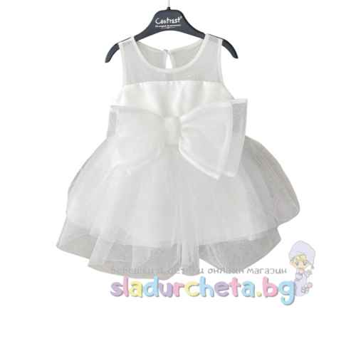 Детска рокля Контраст, бяла с панделка
