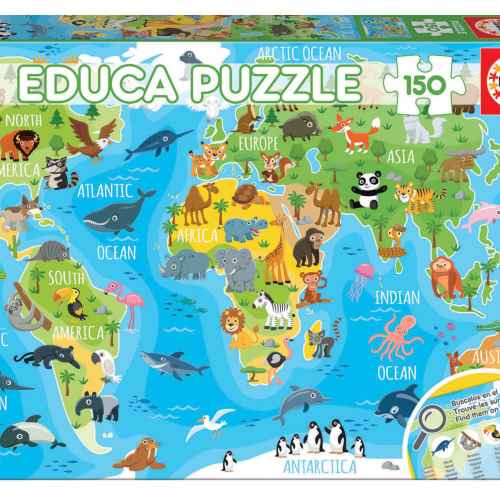 Пъзел Educa, Световна карта с животни, 150 части
