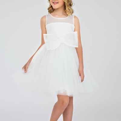 Детска рокля Контраст, бяла с панделка