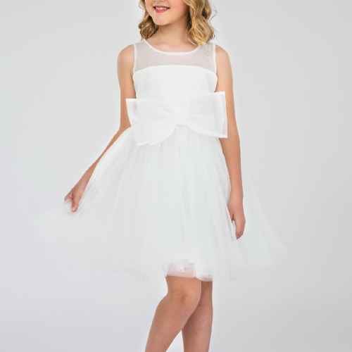 Детска рокля Контраст, бяла с панделка