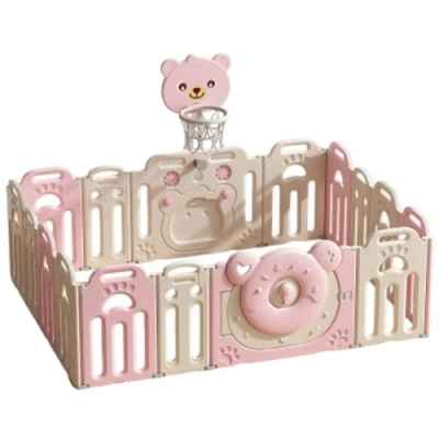 Сгъваема бебешка ограда за игра с баскетболен кош Feelkids, Розово мече