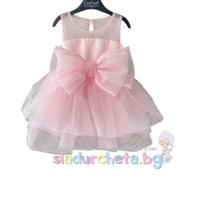 Детска рокля Контраст, розова с панделка