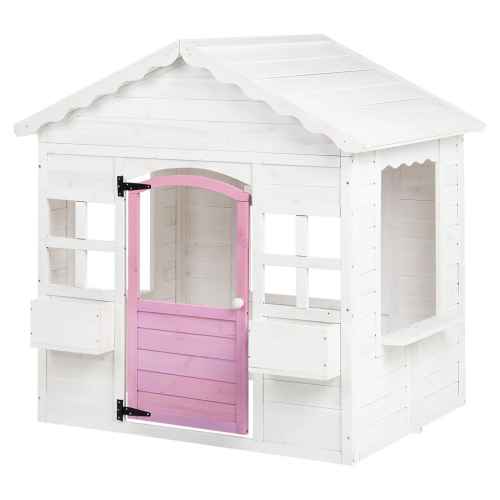 Детска дървена къща Ginger Home, с прозорци и саксии, бяла