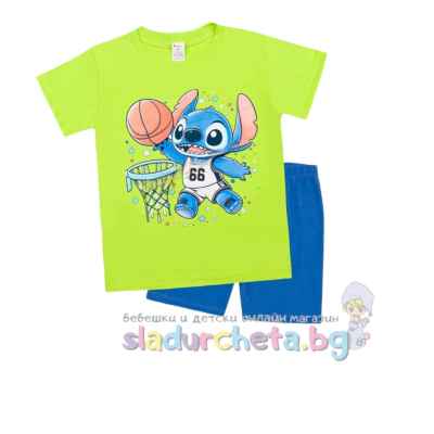 Комплект от 2 части Светли - тениска и къс панталон, Стич неон зелено/синьо