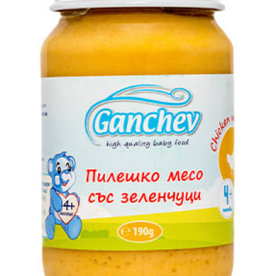 Бебешко пюре Ganchev, пилешко месо със зеленчуци 4м 190 гр.